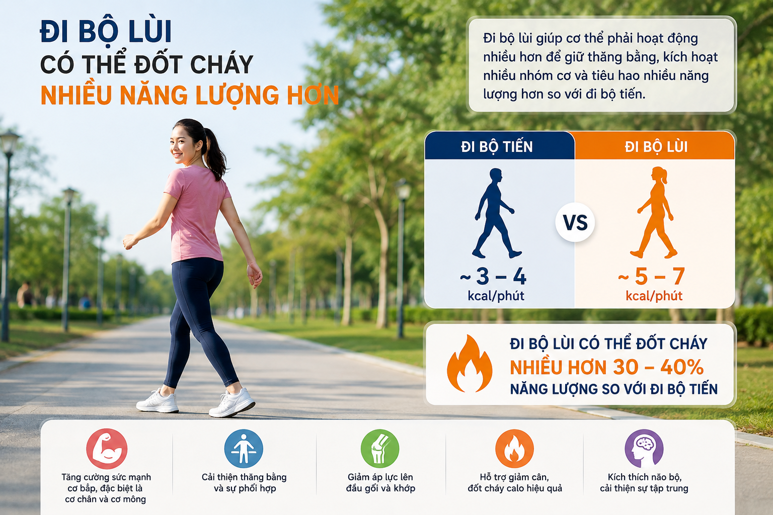 Đi bộ lùi có thể đốt cháy nhiều năng lượng hơn. Đi bộ lùi có thể đốt cháy nhiều năng lượng hơn.