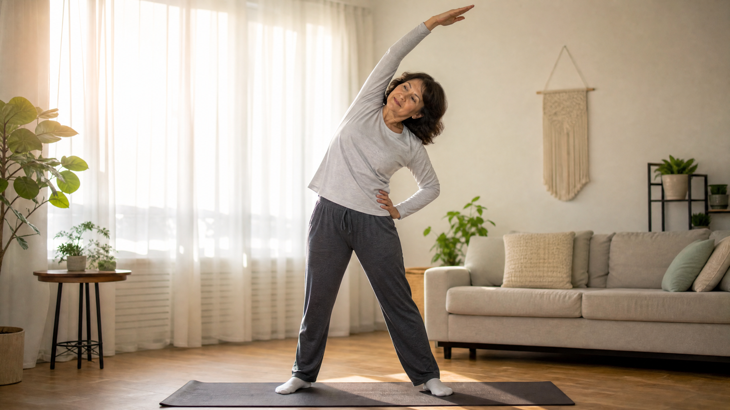 middleagedwomangentlestretching-1787628837432394319359 Có nên giãn cơ mỗi ngày? - Ảnh 1.